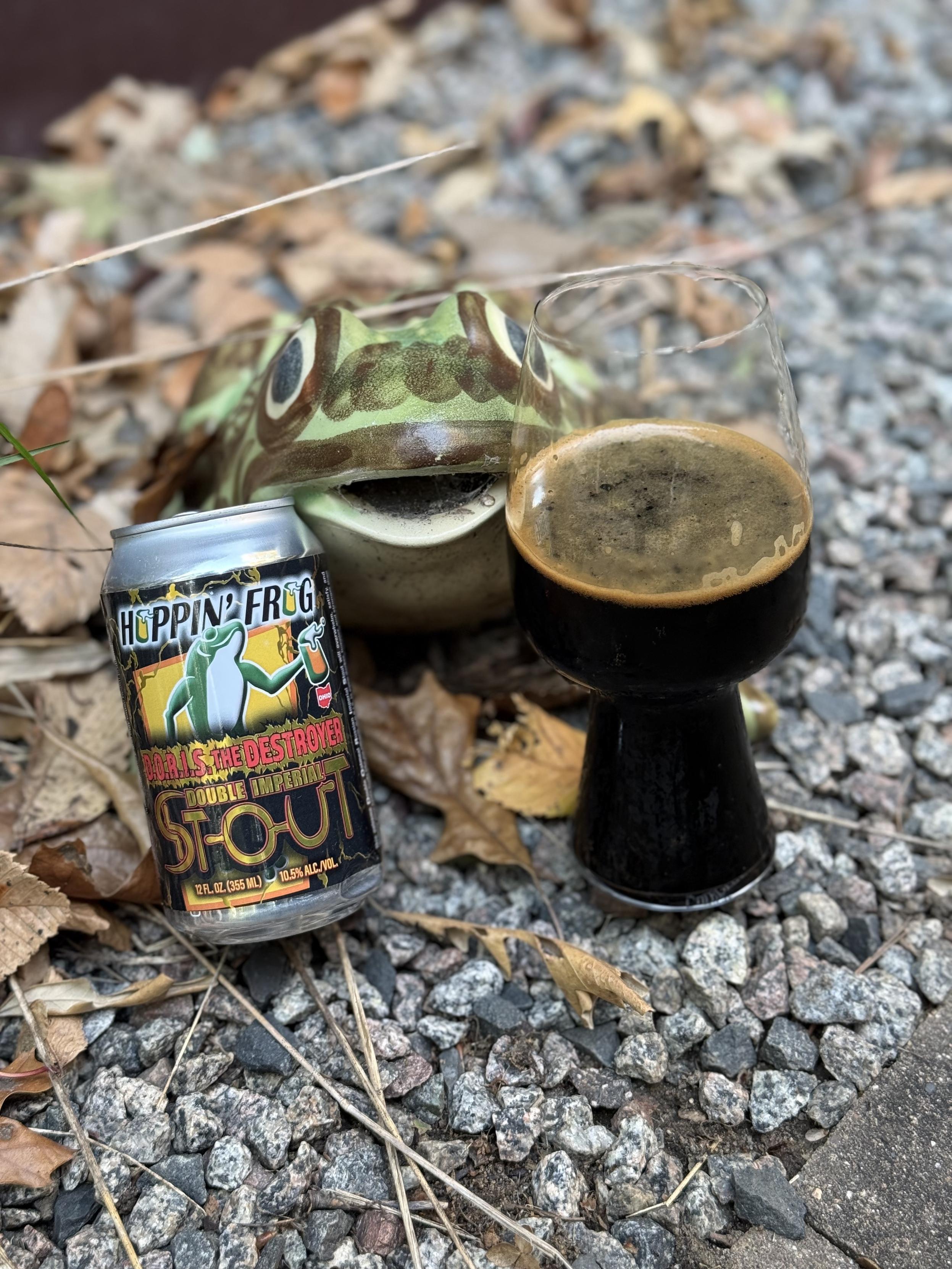 A green and brown spotted (ceramic) frog is between a 12 ounce can and a stout glass half full of dark beer. All are on a field of grey crushed rock with brown leaves
