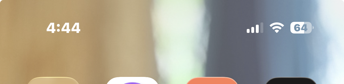 Screen capture of the top of an iPhone showing the time 4:44 PM and the charge level as 64.
