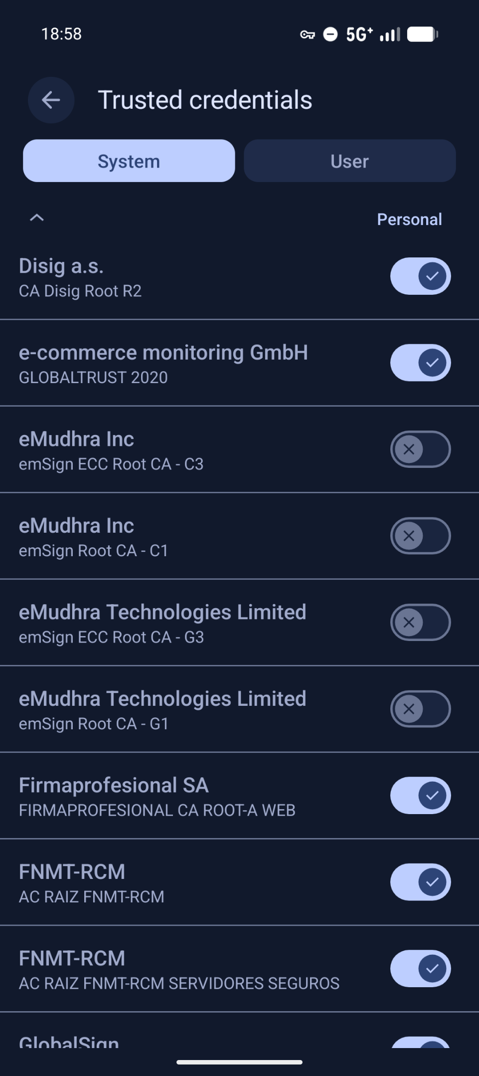 Screenshot of eMudhra certs turned off. Search settings for "Trusted Credentials"