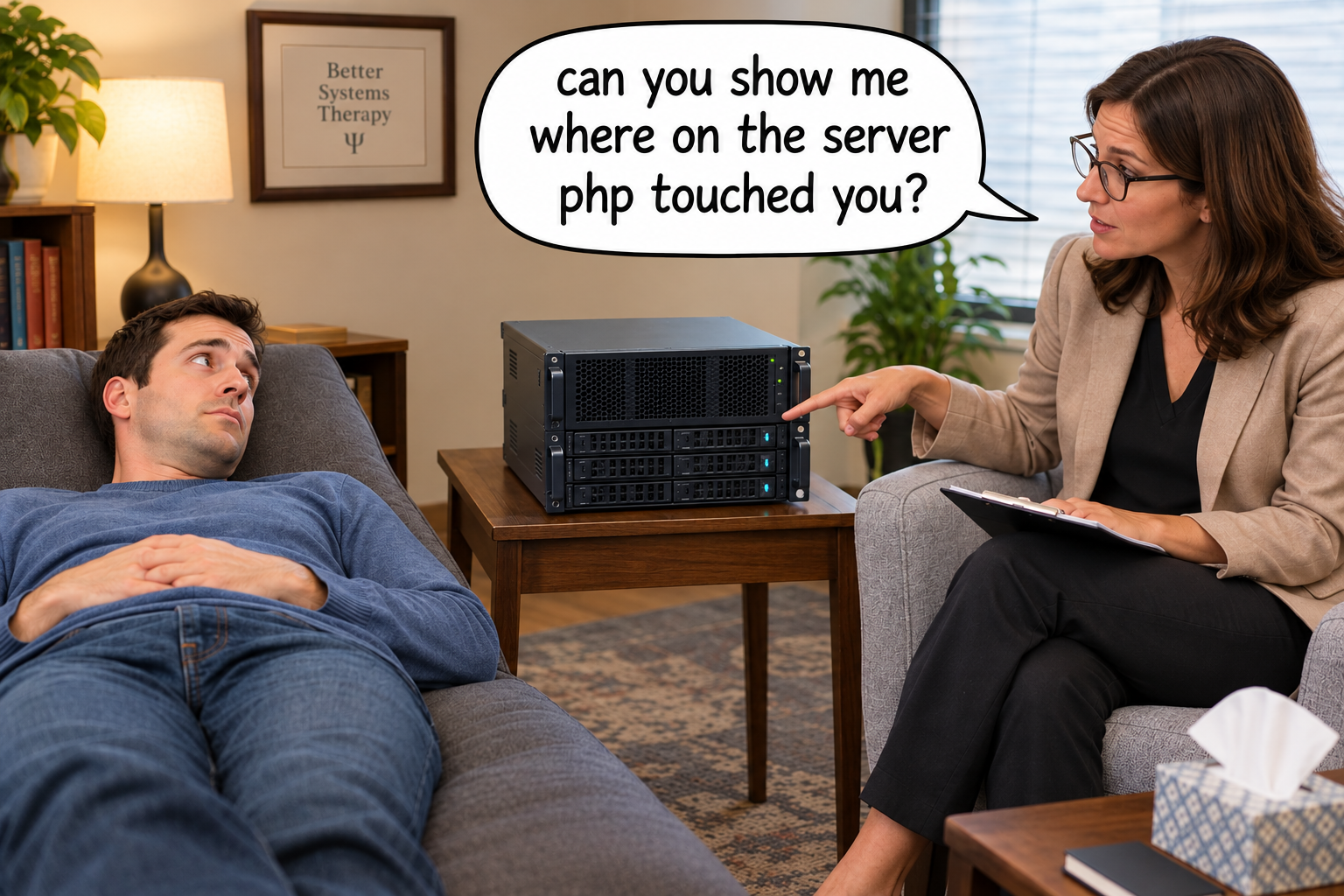 man on couch in therapist's office. server on table between him and therapist. Therapist says "can you show me where on the server php touched you?"