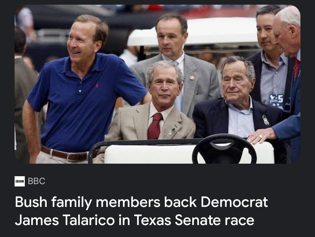 Screenshot of a BBC headline: "Bush family members back democrat James Talarico in Texas senate race", next to a picture of the Bush Family.