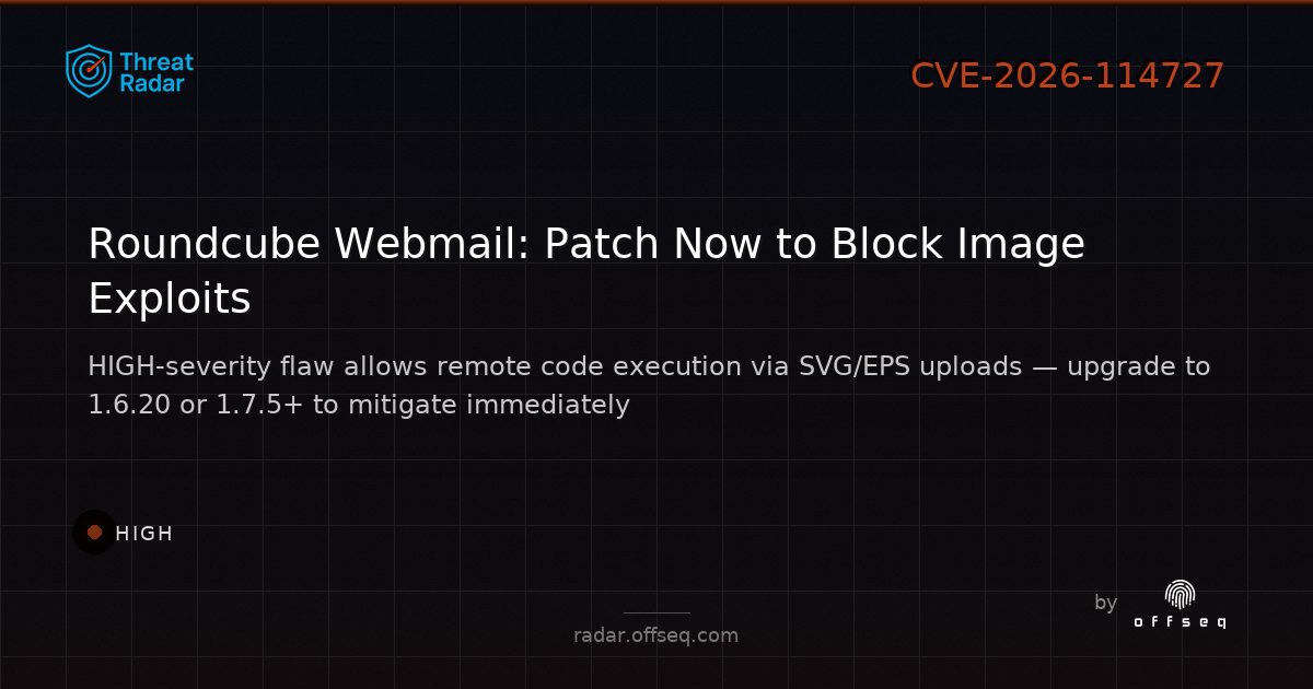 High threat: CVE-2026-114727: CWE-829 Inclusion of Functionality from Untrusted Control Sphere in Roundcube Webma