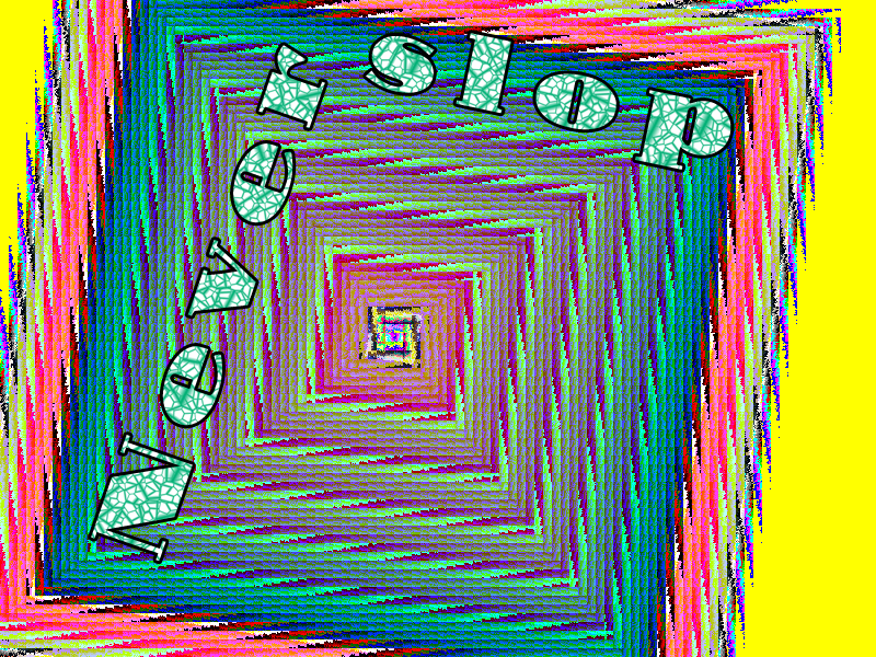 a background formed of glitched up squares in various colors, with the squares vanishing to a point off-center of the image. The text "Never slop" is off kilter, outlined in black, with a green tangle pattern filling the text.