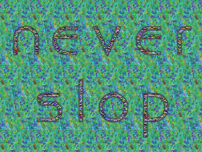 an abstract background of green and blue patterning, with the text "never slop" in futuristic geometric font on top. the text is outlined with a faint grey shadow, and inside is noisy color.