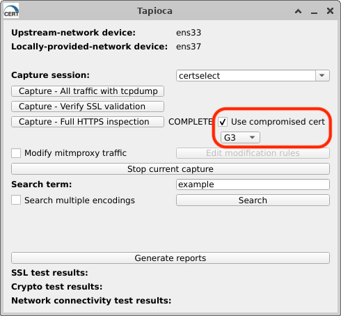 New tapioca GUI where "Use compromised cert" checkbox has an associated drop-down menu, where one can select "AAA" or "G3"