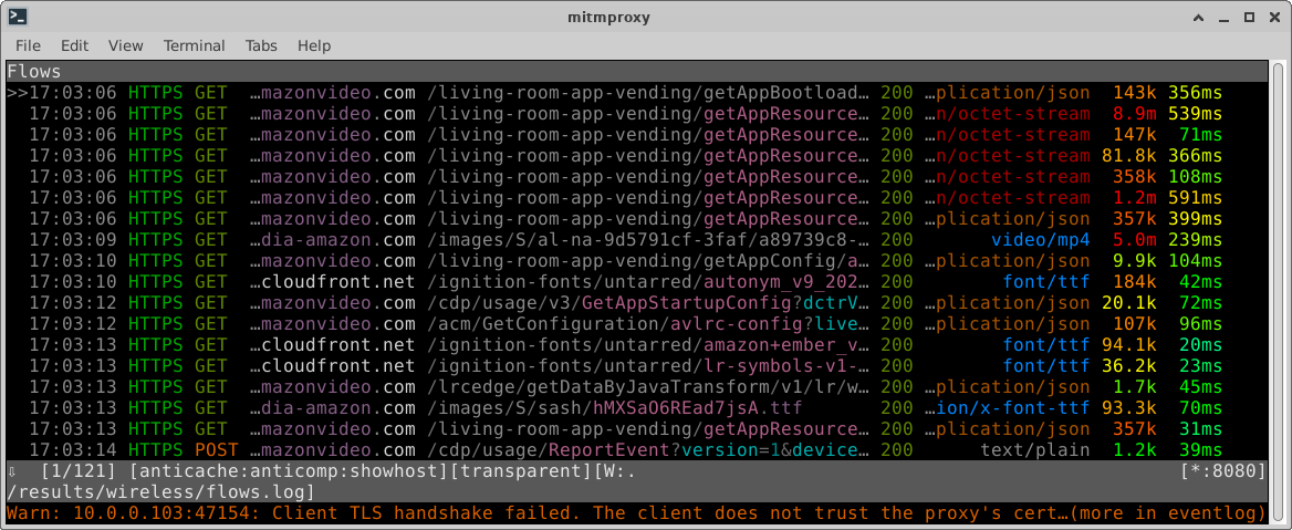 mitmproxy showing HTTPS traffic from an Amazon Fire TV stick.