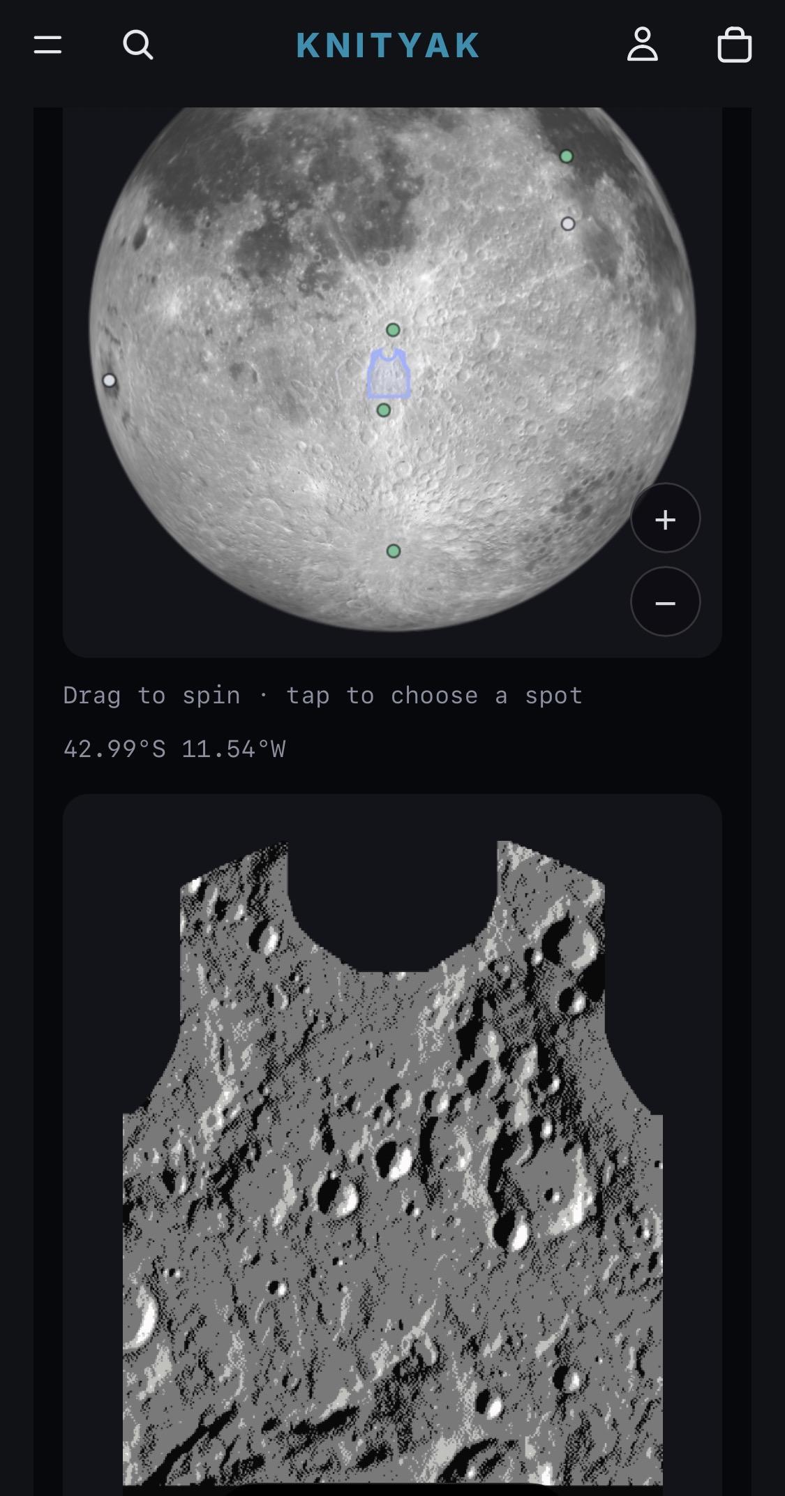 interface for picking a spot on the moon to order a custom knit on demand sweater in four color greyscale topo map