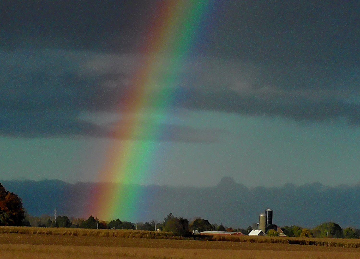 A rainbow seemingly emanating from trees in the distance. Farm buildings, barns, silos and house to the right. Agriculture fields in the foreground.