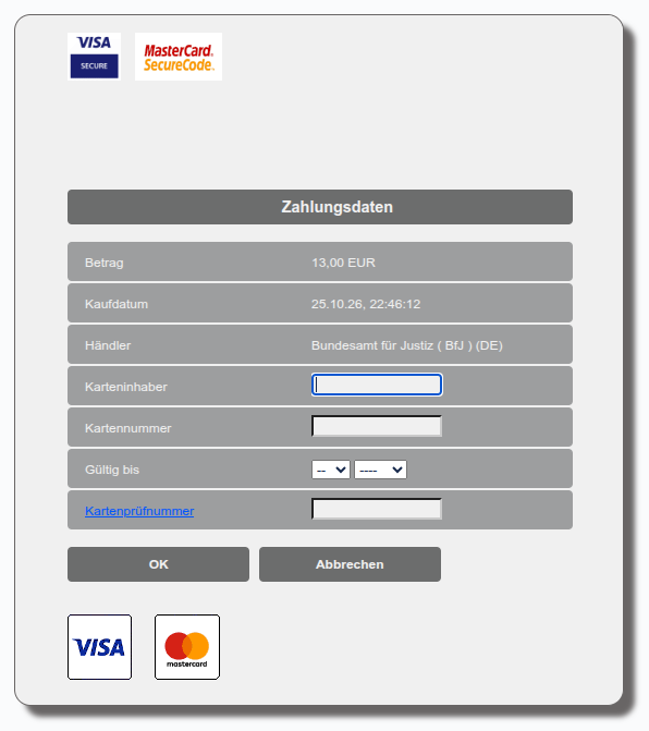 Eine sehr altbacken aussehende Webseite, wo ich Kreditkartendaten eingeben soll.