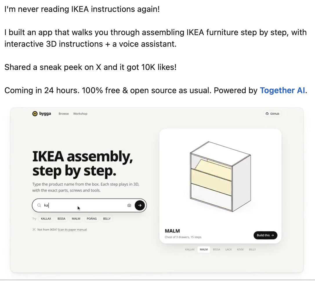 a linkedin post about an AI-pilled developer who built an app to show IKEA assembly guides on the computer instead of reading it from paper/a pdf