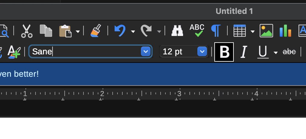 A Libre Writer Document, where the font selected is the 'Sane' font, and the the author has chosen to make it in Bold style.