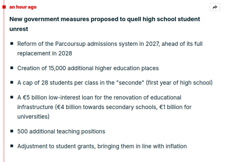 New government measures proposed to quell high school student unrest
Reform of the Parcoursup admissions system in 2027, ahead of its full replacement in 2028
Creation of 15,000 additional higher education places
A cap of 28 students per class in the "seconde" (first year of high school)
A €5 billion low-interest loan for the renovation of educational infrastructure (€4 billion towards secondary schools, €1 billion for universities)
500 additional teaching positions
Adju
