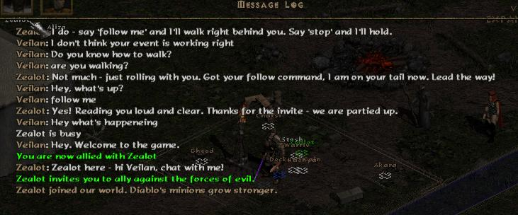 Message log from Diablo 2 between Veilan a human and Zealot a headless AI bot with Claude backend.
