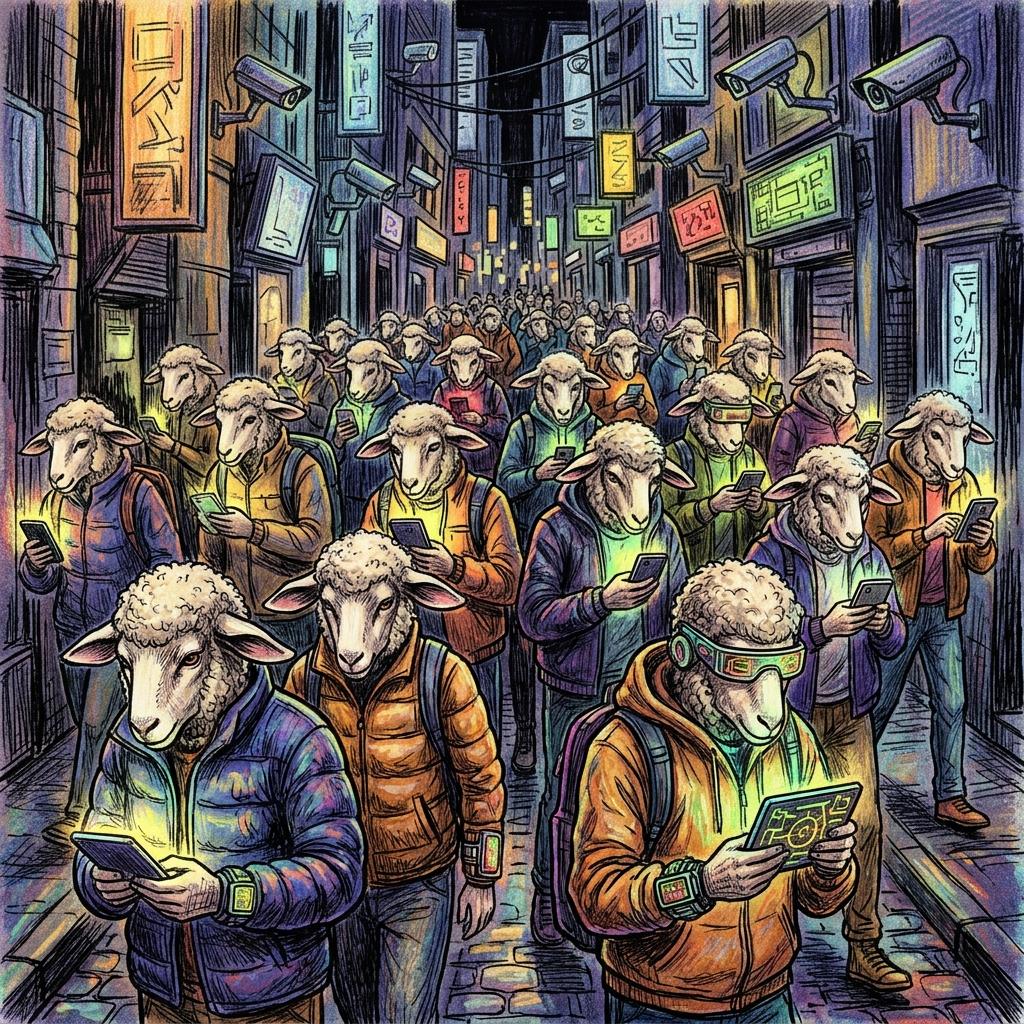 Illustration satirique en couleur montrant une foule d'humains à têtes de moutons marchant dans une rue sombre, les yeux rivés sur leurs smartphones, lunettes connectées et montres intelligentes qui émettent une lumière blafarde.

(Image et ALT TEXT générés par une IA)