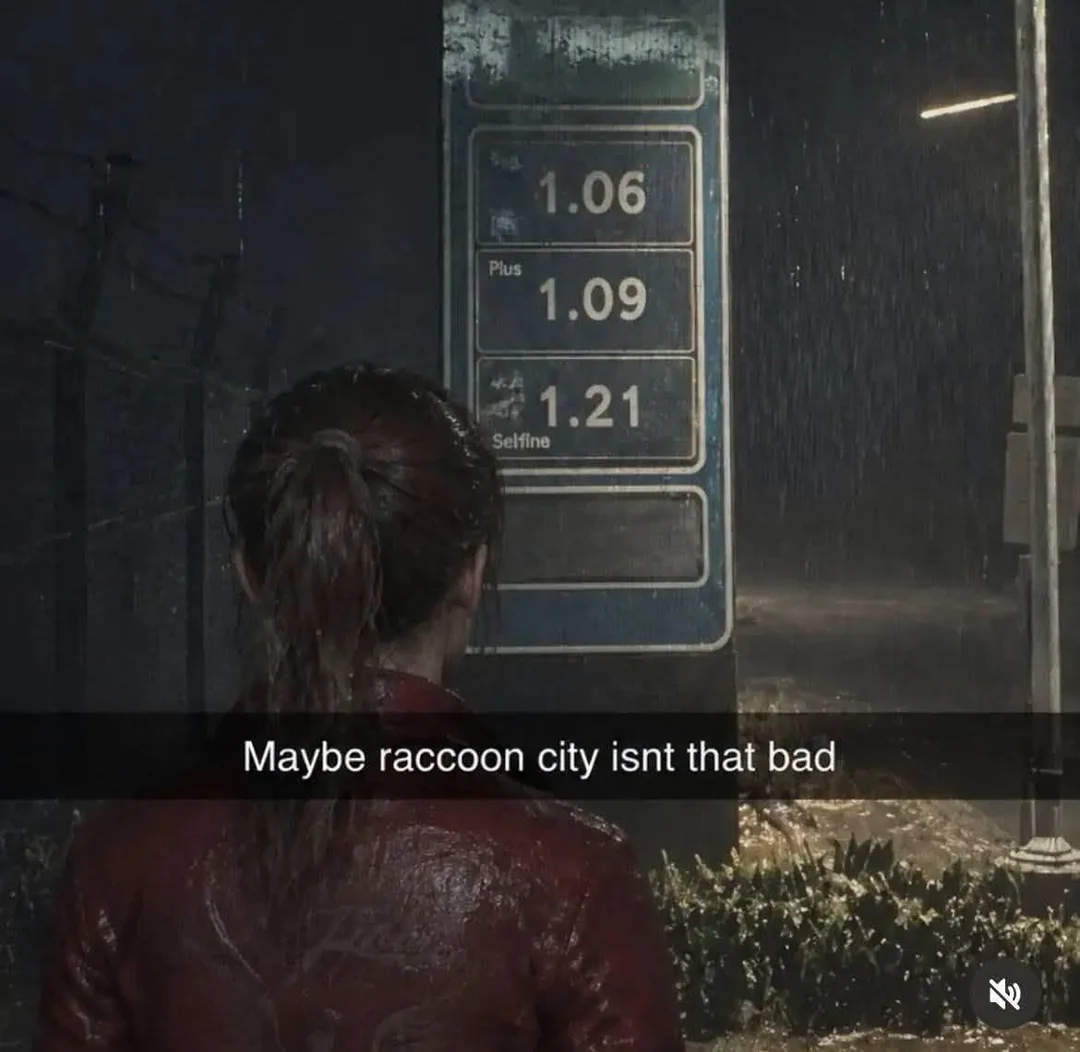The image depicts a woman, likely the protagonist, viewed from behind, standing in what appears to be a dark and rainy environment. She has her hair tied back in a ponytail and is wearing a red jacket that looks wet and slightly shimmering, suggesting it's raining or she's just been exposed to water. The jacket has a subtle pattern or texture visible on the back.
To her right, a gas price display is prominently featured. It's a vertical sign with several illuminated price points. The top displa