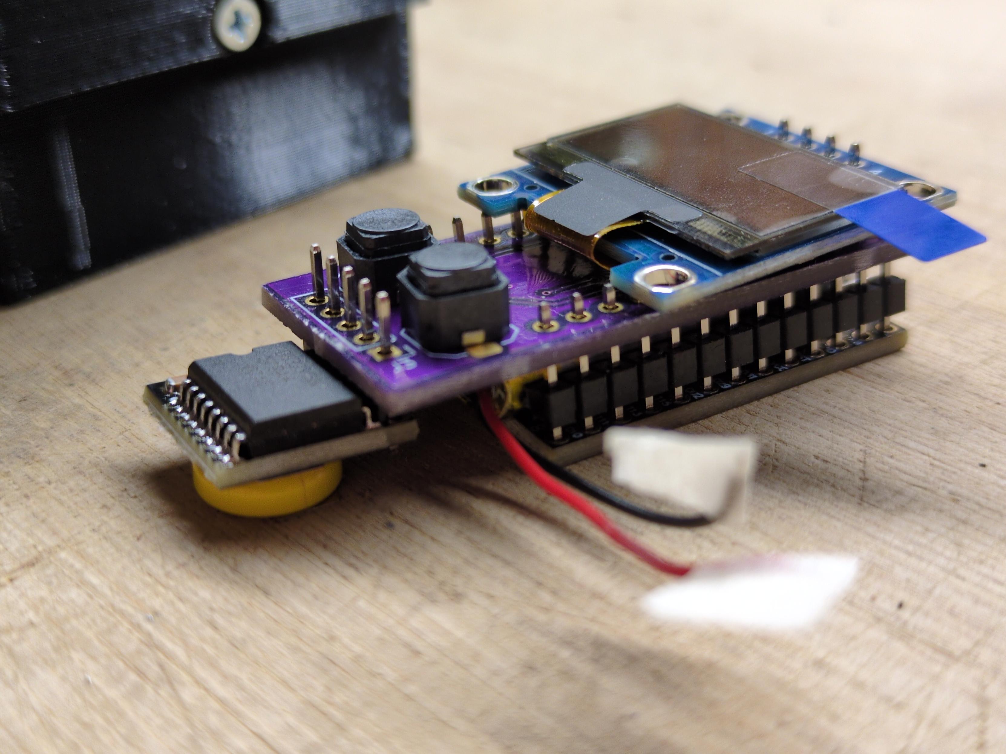 A different angle of the option of having a battery sandwich. This shows the RTC is soldered directly to the main PCB with header pins. This saves space, but it requires desoldering the header socket that comes on the RTC. It's also harder to replace the RTC in the future, should it go bad or an upgrade become available.