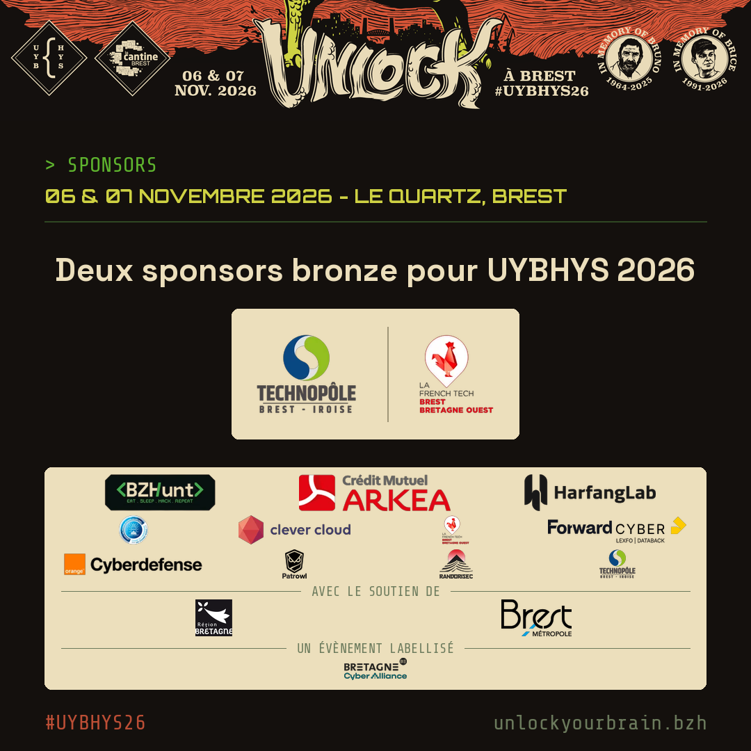 Carte UYBHYS 2026 sur fond noir : Technopôle Brest-Iroise et French Tech Brest Bretagne Ouest, sponsors bronze de l'édition 2026.