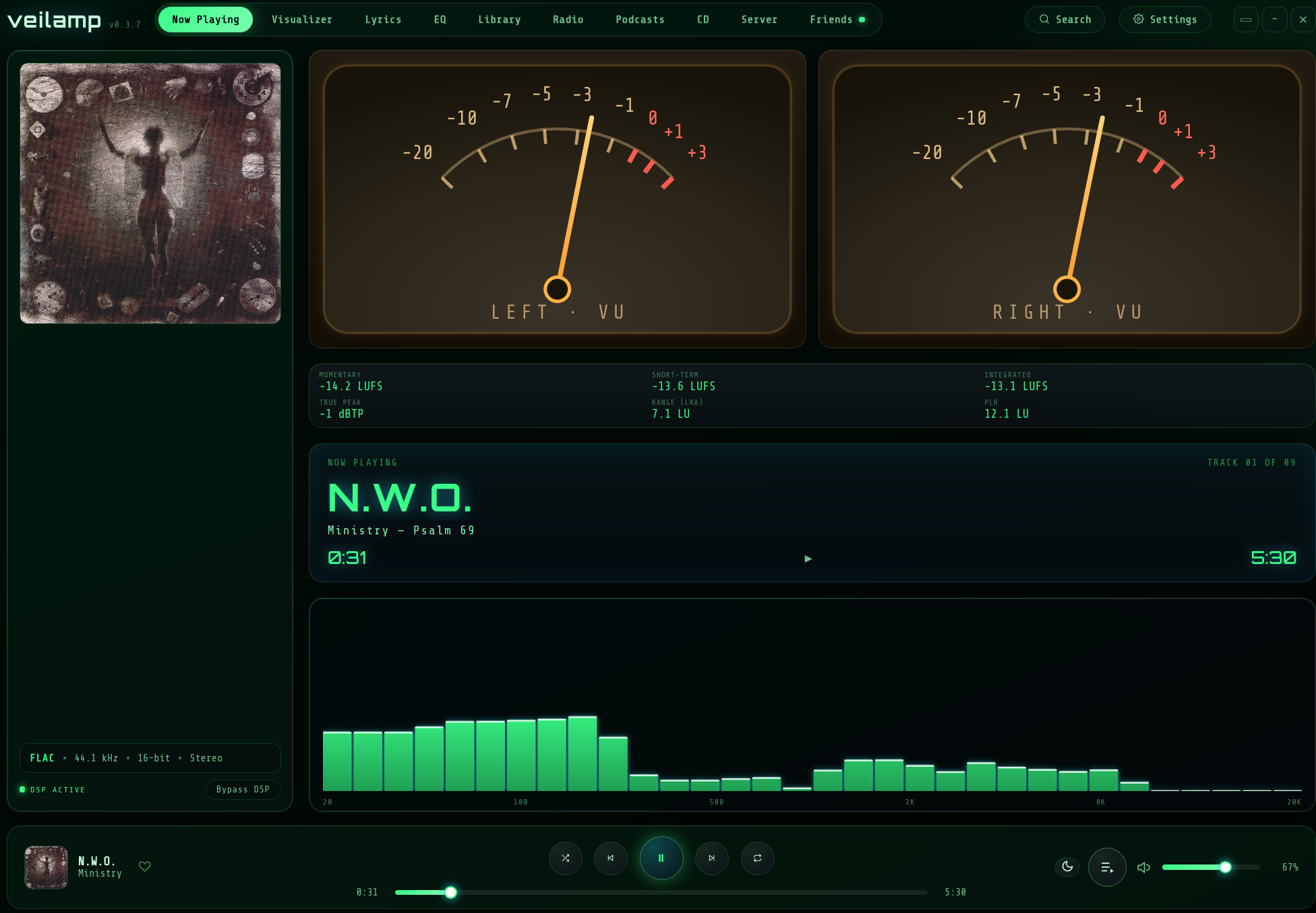 Screenshot of the veilamp now playing window, N.W.O by Ministry from the album Psalm 69 is being played, the player is a green tinted window, with VU meters at the top, album art on the left and EQ meter at the bottom.
