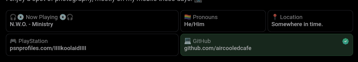 Screen shot of Mastodon profile page, showing the cards below the profile description, cards from top left onwards:
Now Playing - N.W.O - Ministry
Pronouns: He/Him
Location: Somewhere in time.
PlayStation: psnprofiles.com/IIIIkoolaidIIII
GitHub: github.com/aircooledcafe